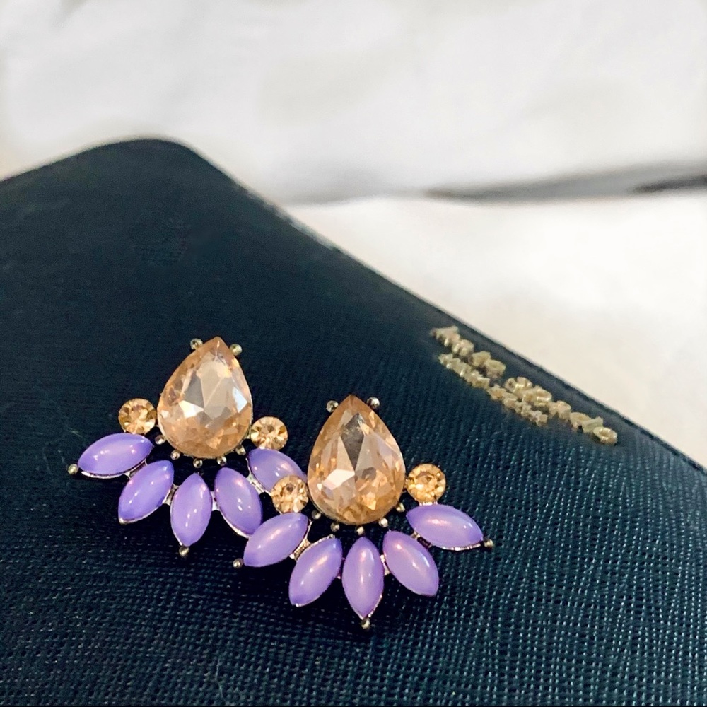 STATEMENT STUD CRYSTAL EARRING-  JEWEL TONE PEACH & PURPLE.
